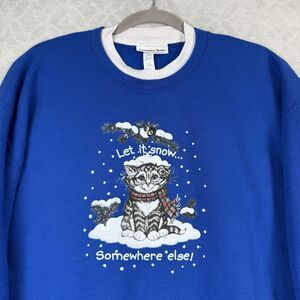 Vtg Holiday Cat Crewneck Sweatshirt Womens L Kitten Grandma Let it Snow Holiday